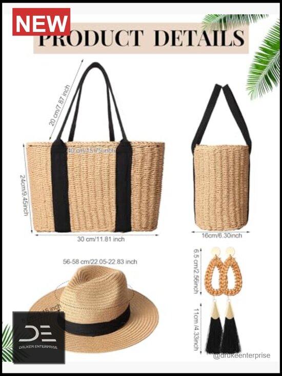 Straw Bag with Rattan Wicker Hat and Tassel Earrings Set Boho Summer Accessories